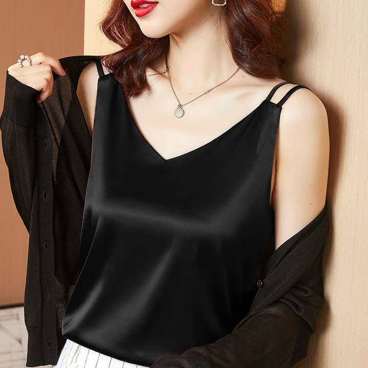 Plush Looks - Wholesale Camisole - Women's - Solid Color Satin Basic V-Neck Camisole