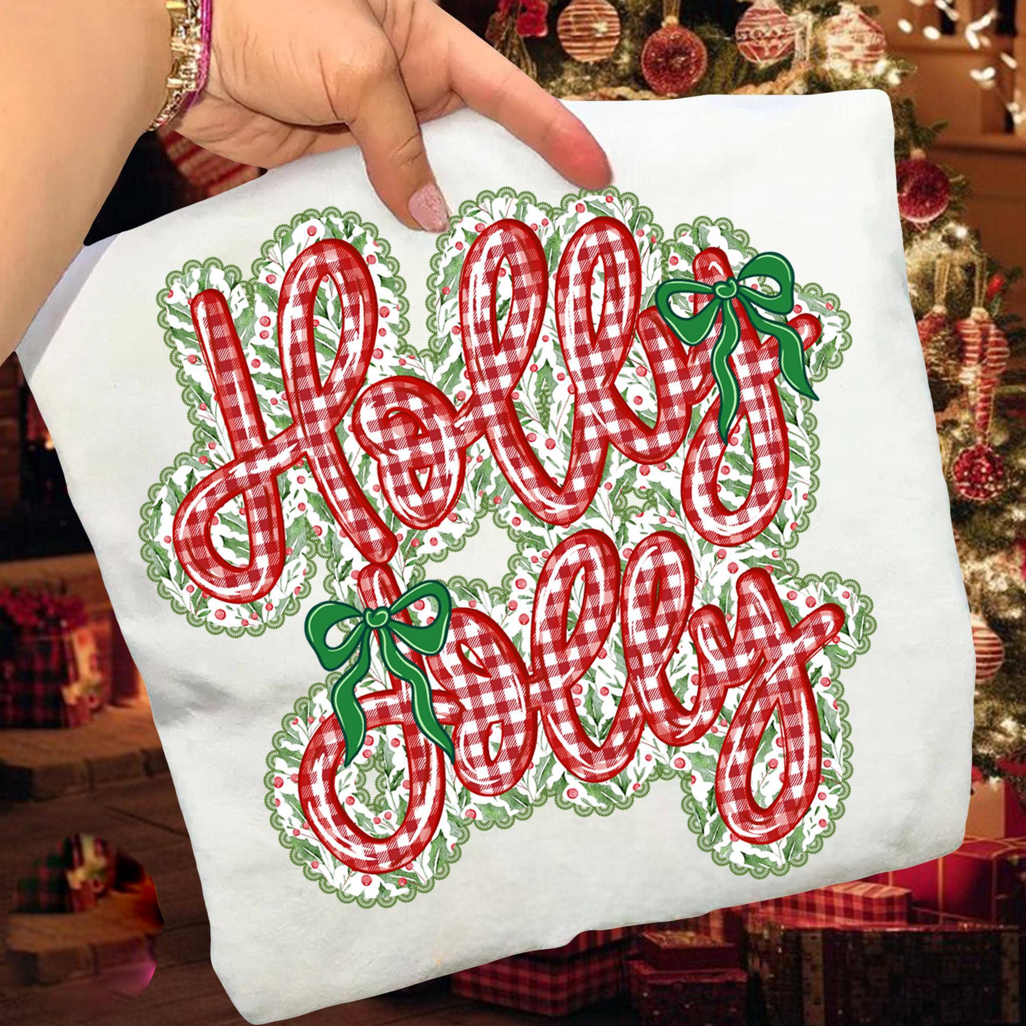 Glaime - Wholesale T-Shirt (Graphic) - Women's - Comfort Colors Preppy holly jolly Shirt, Lace Christmas Tee4