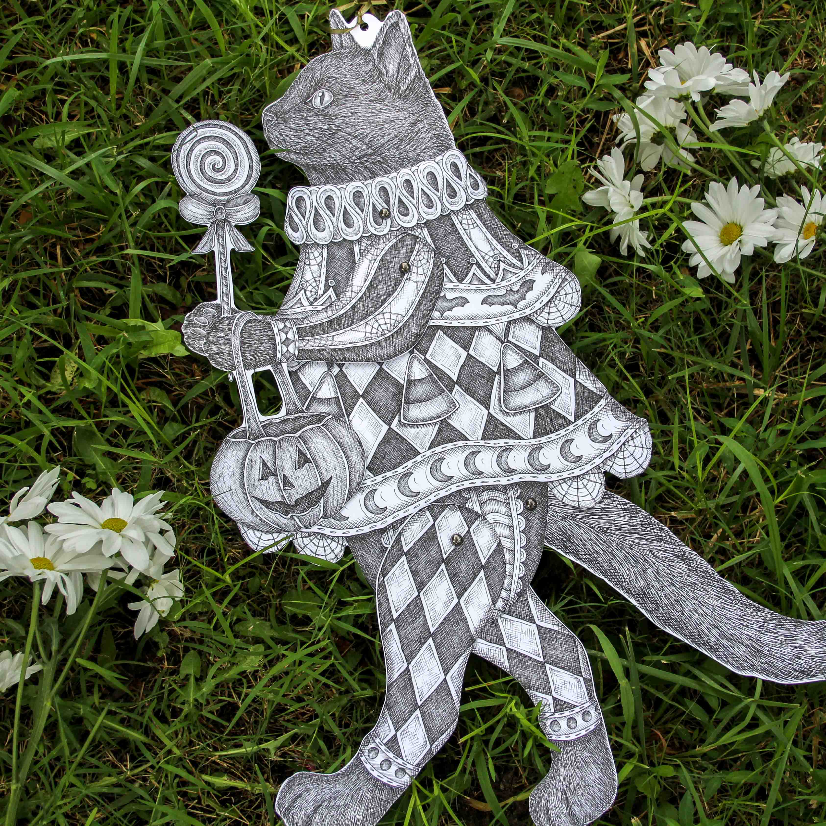 Mackenzie Myrick Studio - Wholesale Decorative Figurine - The Trick-or-Treater | Articulated Cat Decoration1