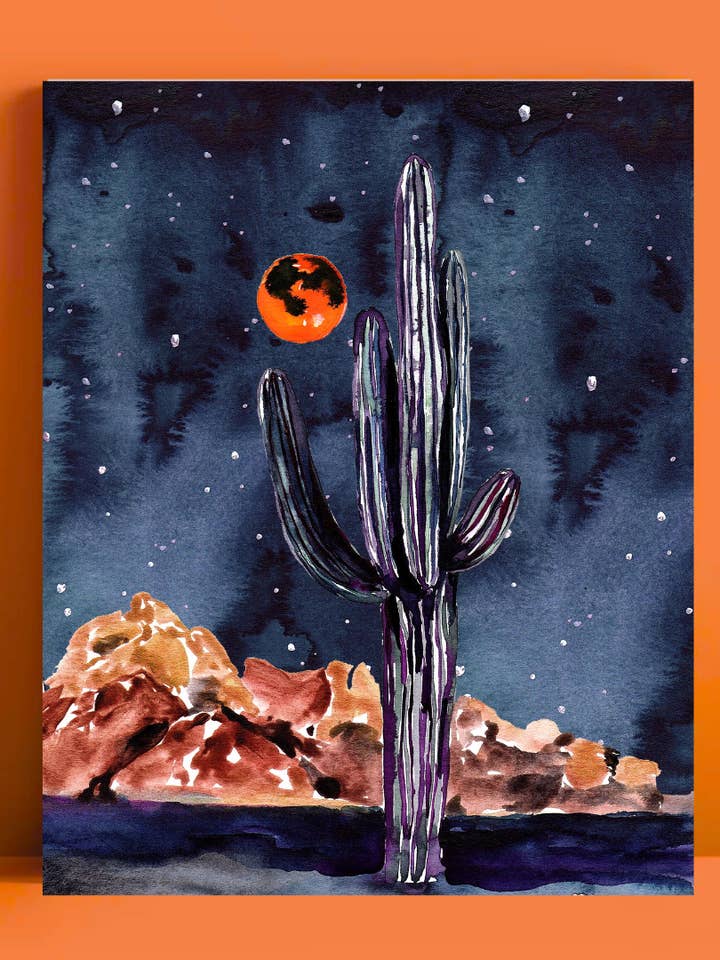 Red Night Saguaro Watercolor Art Print for wholesale by Pink Puddle Studio