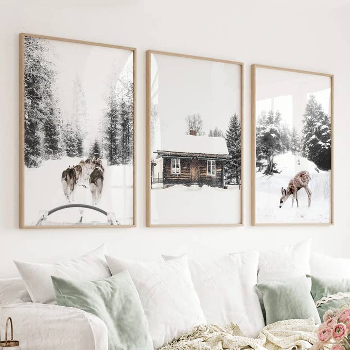 Christmas Mood Print. Fawn, Log Cabin, Sledding for wholesale by Art Lane