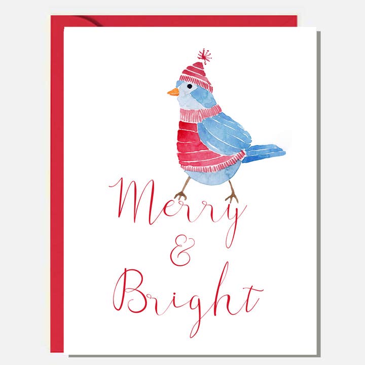 Merry and Bright Bird Holiday Card for wholesale by Rachelink Cards & Illustrations