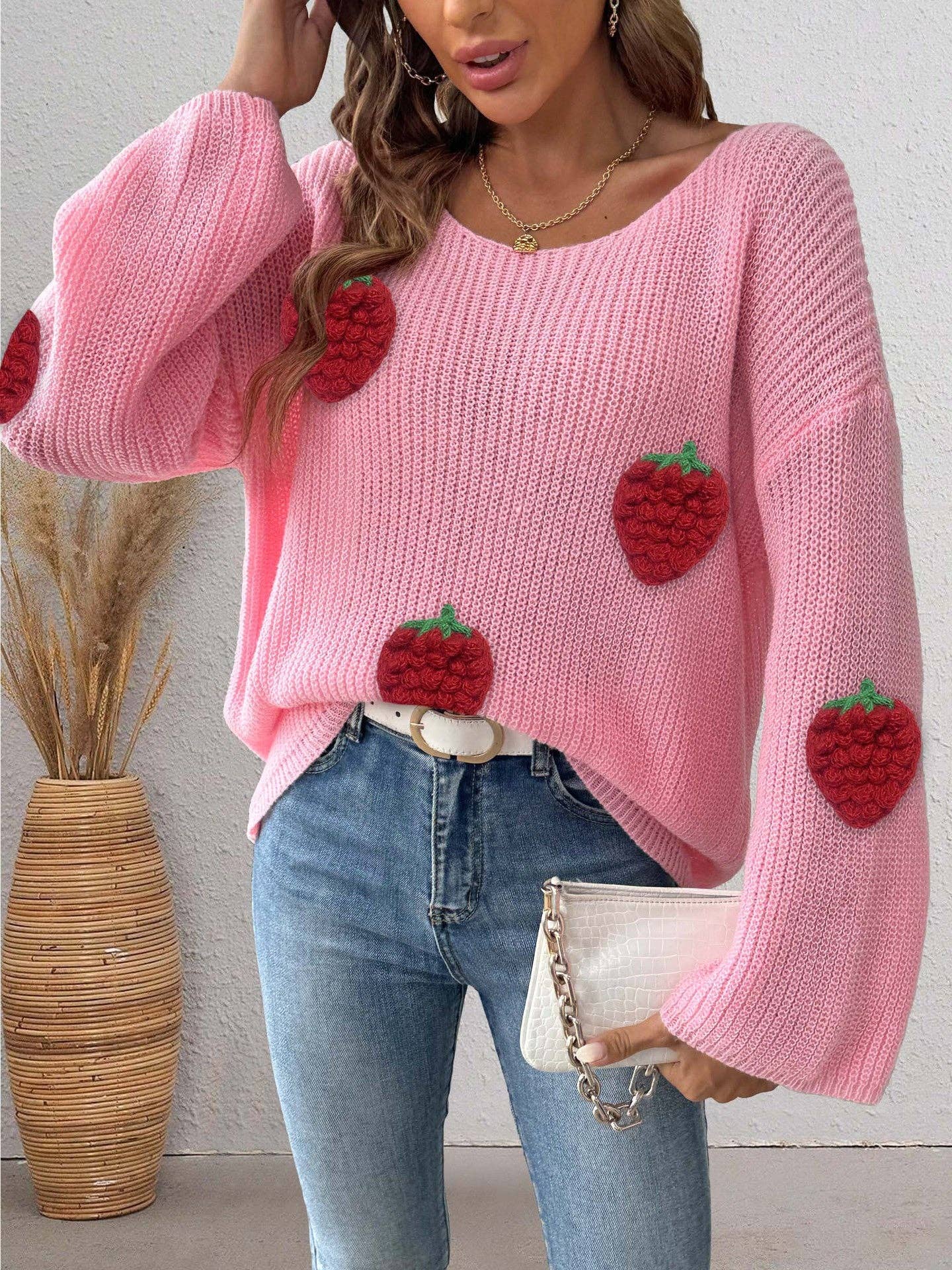 Masyal - Wholesale Knit Sweater - Women's - Off-shoulder Women's Sweater with 3D Strawberry Patchwork7