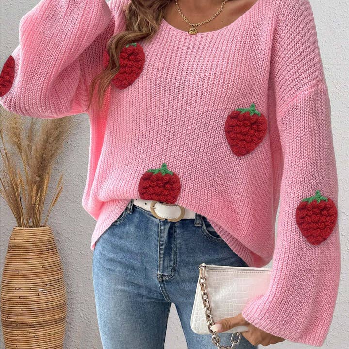 Masyal - Wholesale Knit Sweater - Women's - Off-shoulder Women's Sweater with 3D Strawberry Patchwork7