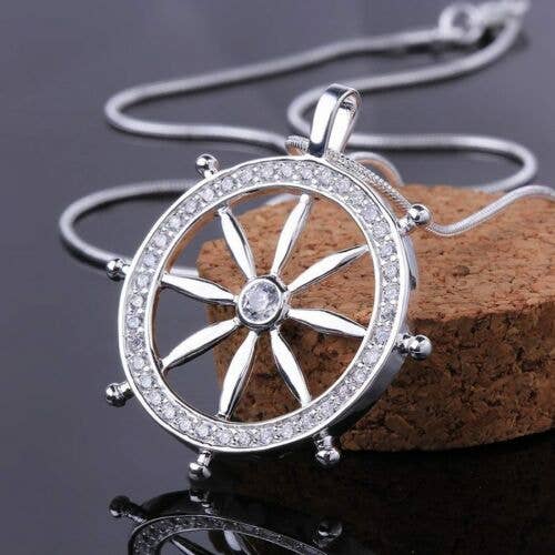 Silver Ship Wheel Necklace With Rhinestone .925 P for wholesale by Sassy Jewelry Collection
