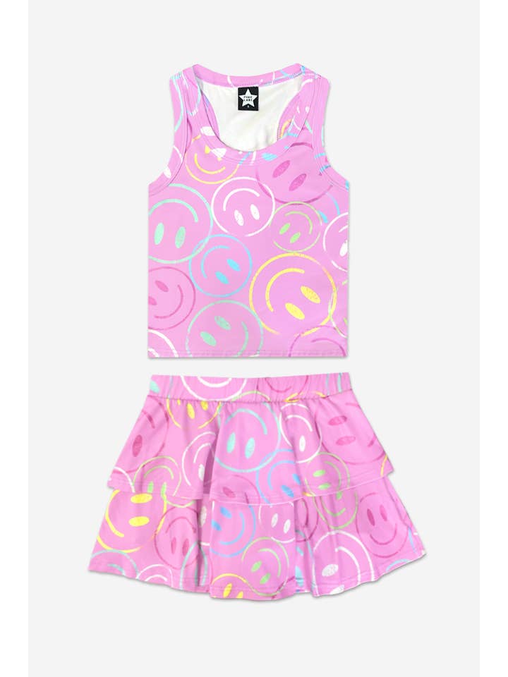 Simply Soft Cropped Racerback Tank & Ruffle Skort - Pink Outline Smiley for wholesale on Faire
