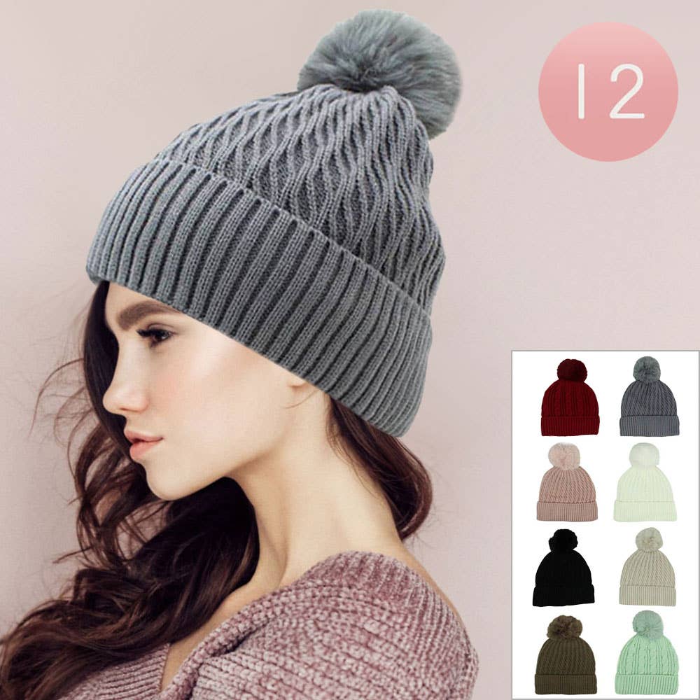 Sensibling Corp. - Wholesale Beanie - Women's - 12PCS - Pom Pom Ribbed Knit Winter Beanie Hats0