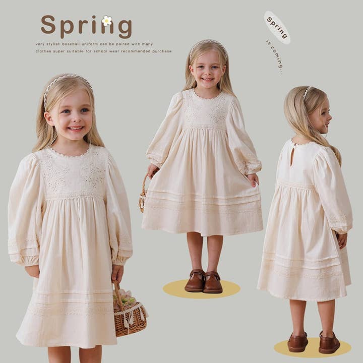 Beige Robe à manches longues à motif floral uni pour filles élégantes, printemps et automne. en vente sur Faire5