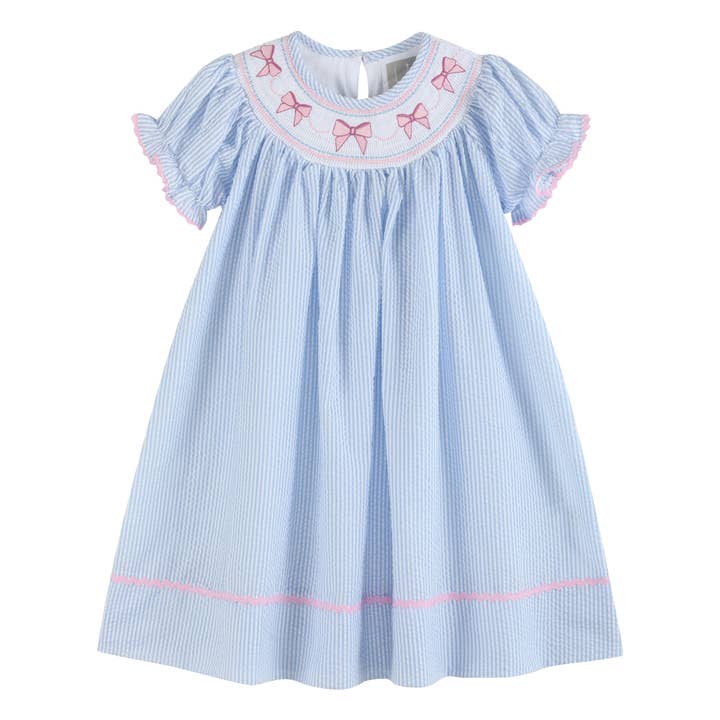 Blue Seersucker Bow Smocked Bishop Dress for wholesale by Lil Cactus