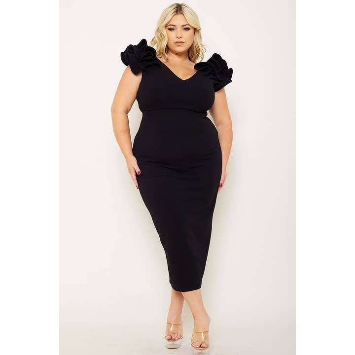 PLUS SIZE FLÆSEDETALJE MIDI KJOLE MED SKULDERDETALJER for engroshandel hos Black Pearl Clothing
