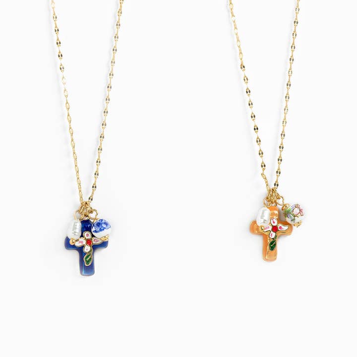Sessori - Wholesale Pendant/Charm Necklace - Porcelain Inspired Vintage Floral Cross Necklace2