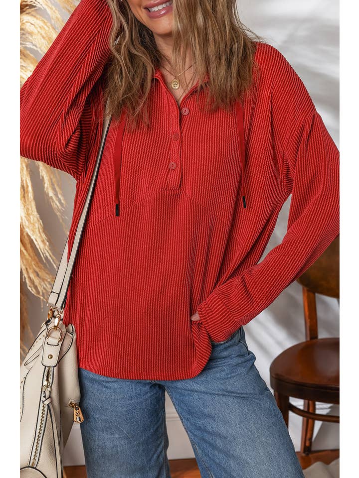 Racing Red Corded Knit Half-Button Collared Top for wholesale on Faire2