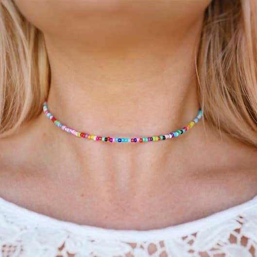 Bohemian Rainbow Seed Bead Choker: Silver Clasp Necklace for wholesale by bohemians closet