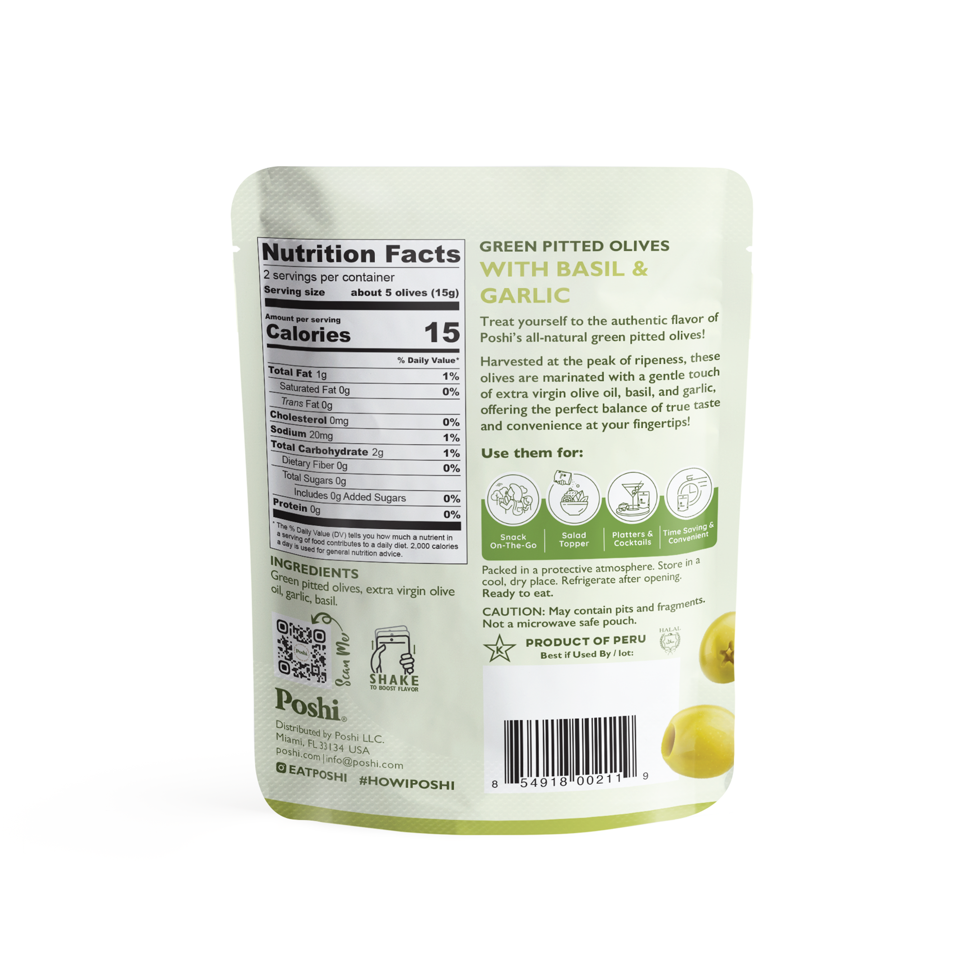 POSHI - Wholesale Olives - Poshi Snack - Basil & Garlic Pitted Green Olives 1.1oz/300ct1