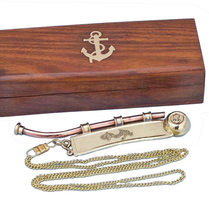 Massief messing/koperen Bosun Whistle 6" w/palissander doos voor wholesale door Hampton Nautical