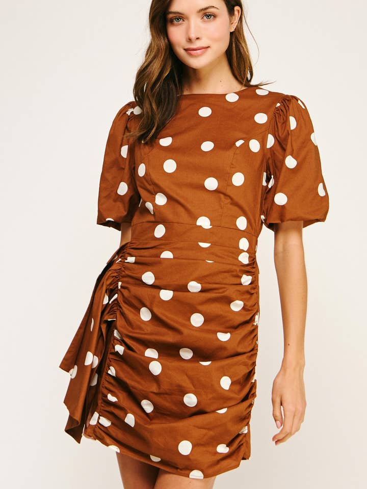 Ruched Short Puff Sleeve Polka Dot Voile Mini Dress for wholesale by Strut & Bolt