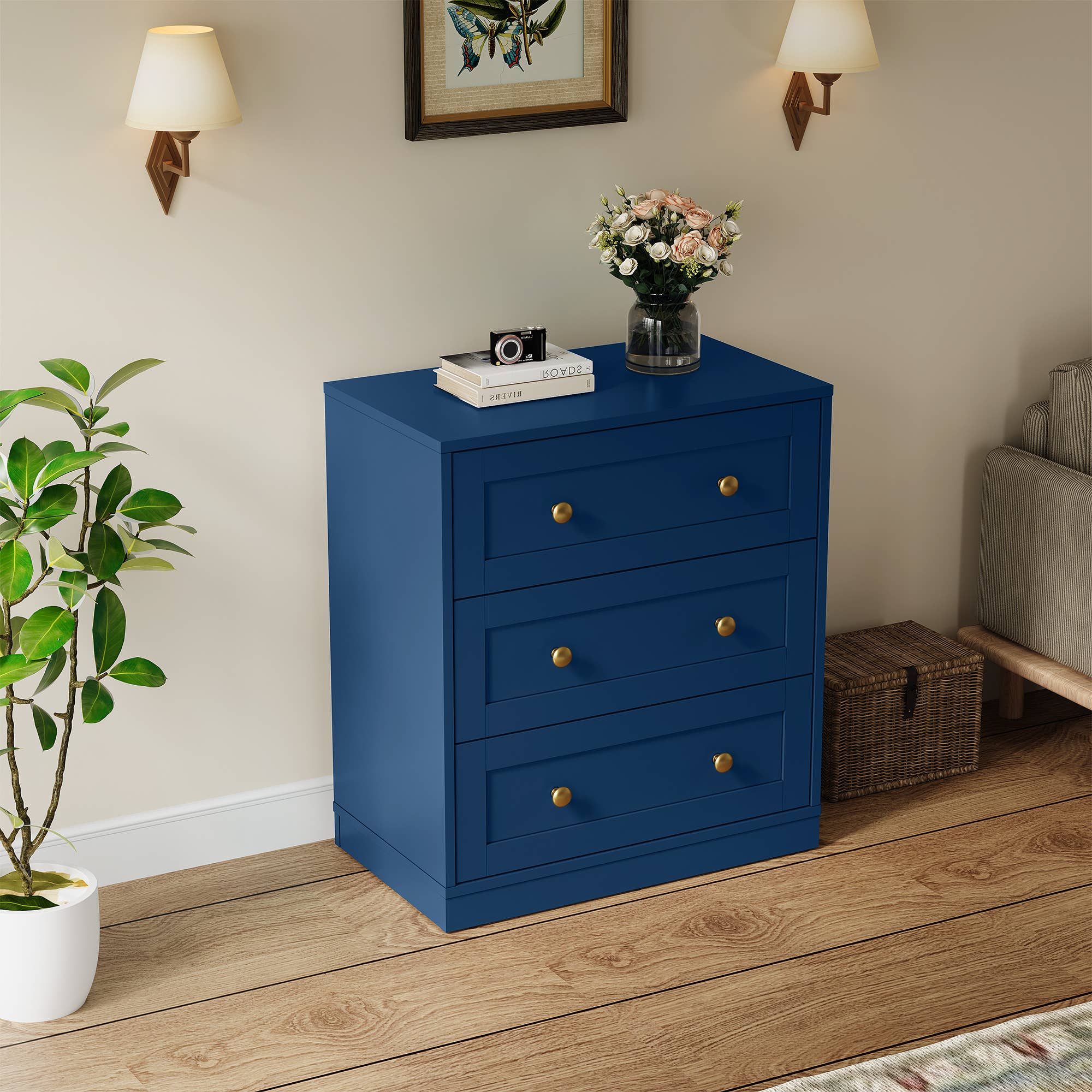 Heynemo - Vente Armoire - Table de chevet à 3 tiroirs, grande table de chevet avec rond doré16