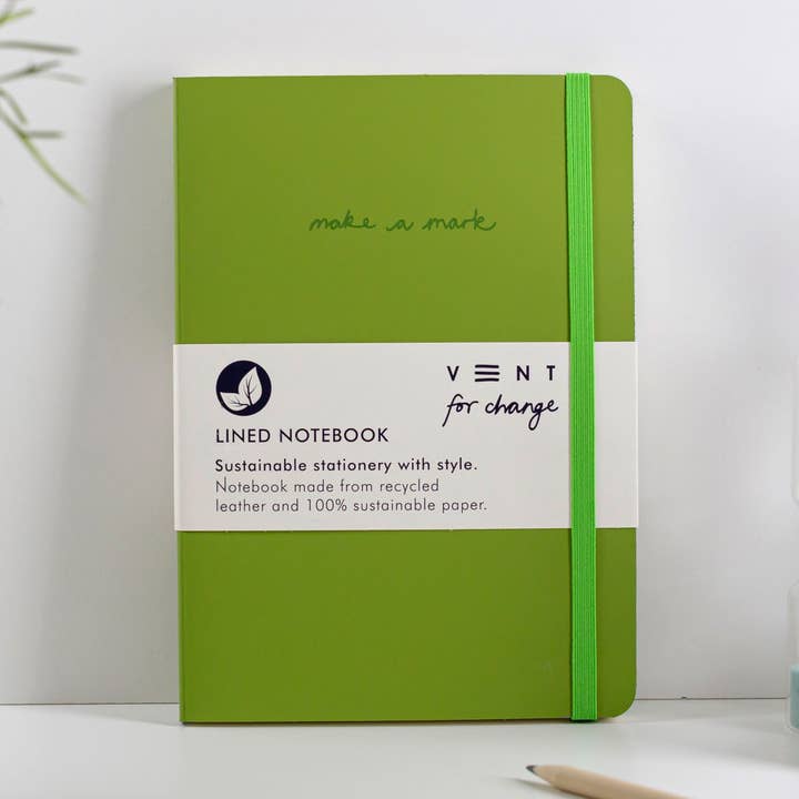 Notebook A5 Recycled Leather Lined Paper - Green for wholesale by VENT for Change USA
