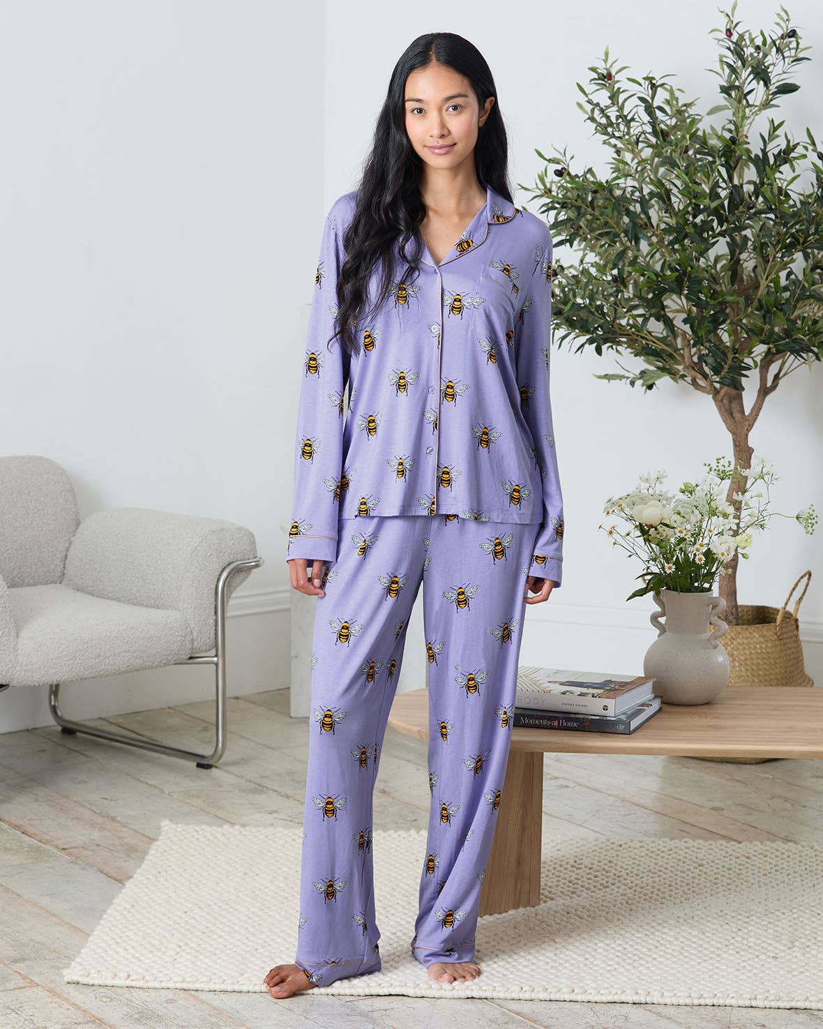 Chelsea Peers – wholesale Pyjamasset - Dam – TENCEL™ Modal Bimönstrat Långt Pyjamasset - Lila0