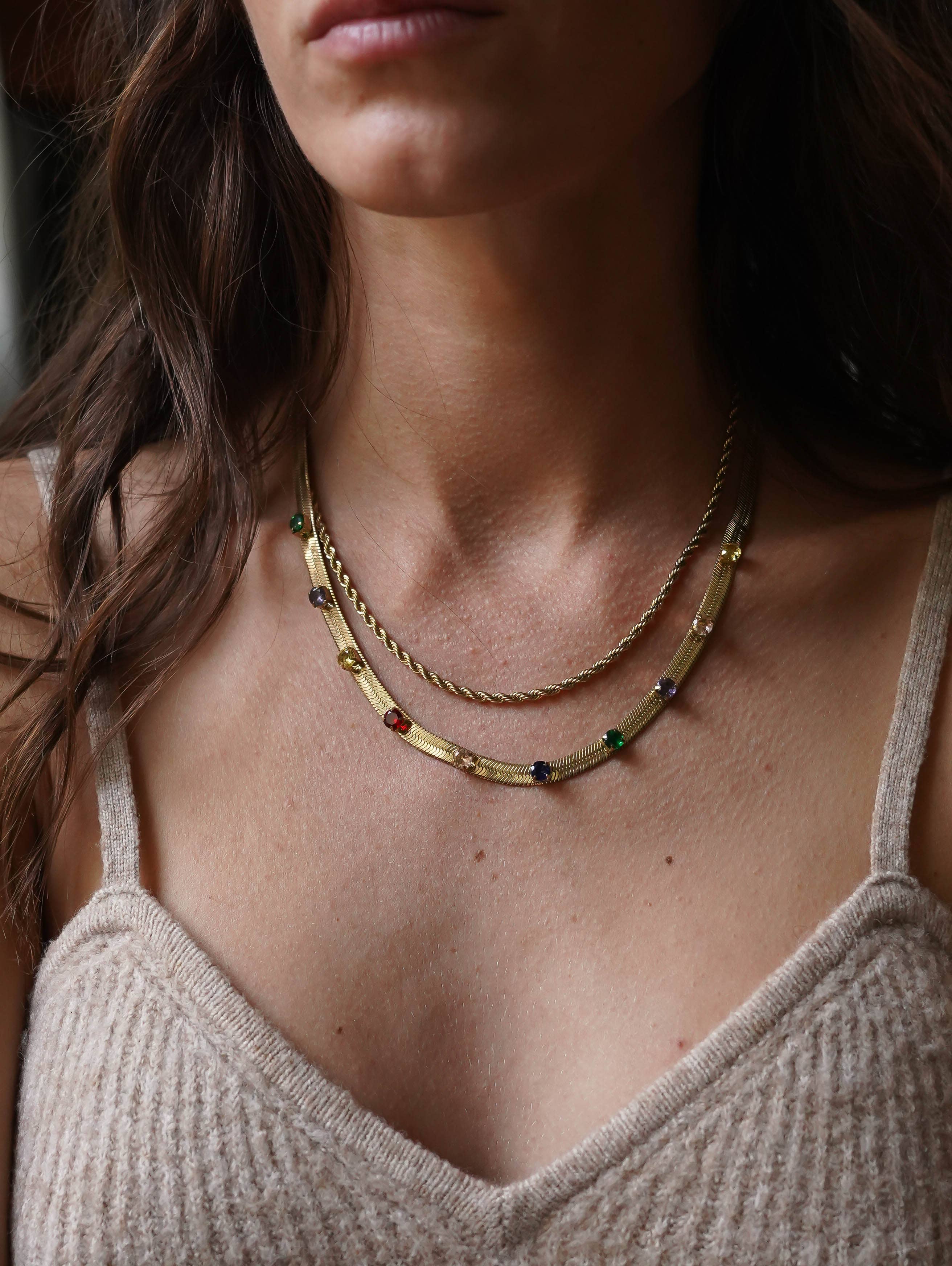 Bijoux 7bis - Vente Collier maille et chaîne - Collier Acier Double Chaine , Ronde Et Plate , Strass1