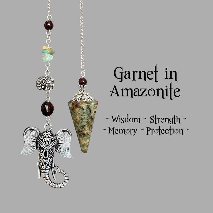 Garnet in Amazonite Elephant Pendulum, Beaded Crystal Divini for wholesale by Glorious Healing Crystals