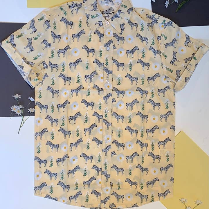 Unisex Soft Yellow Zebra print Short Sleeve Cotton Button Up for wholesale by Animal Instincts
