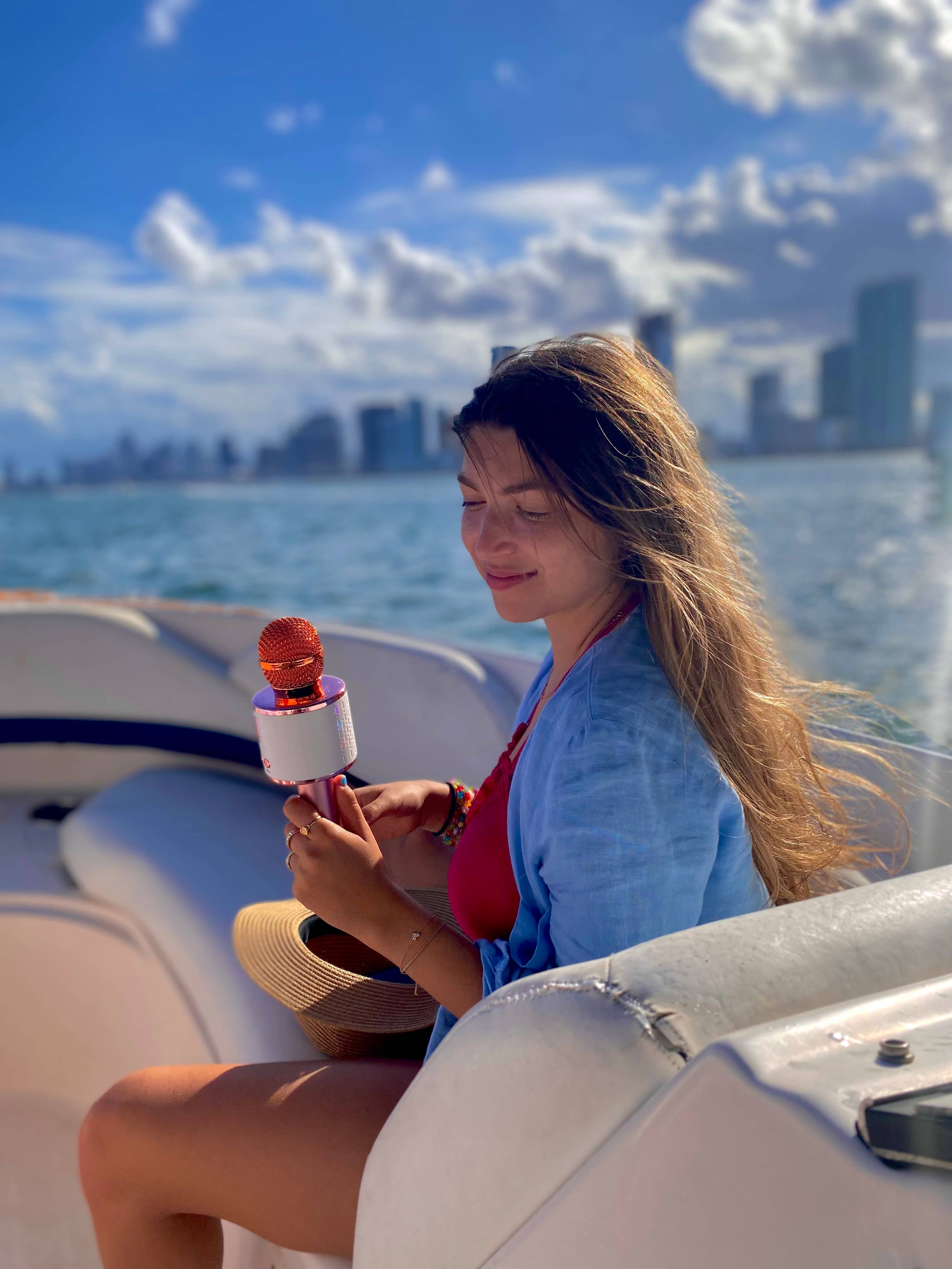 Funky Rico Inc - Wholesale Speakers - Karaoke LED Wireless Microphone with Power Bank - Rose Gold2