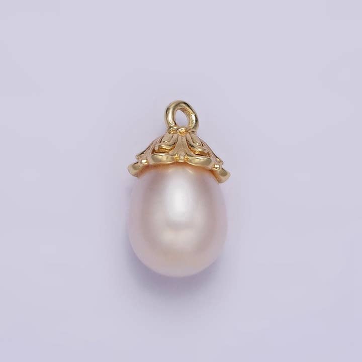 14K Gold Filled 15mm Freshwater Pearl Drop Double Band Charm | N1045 for wholesale by Aim Eternal