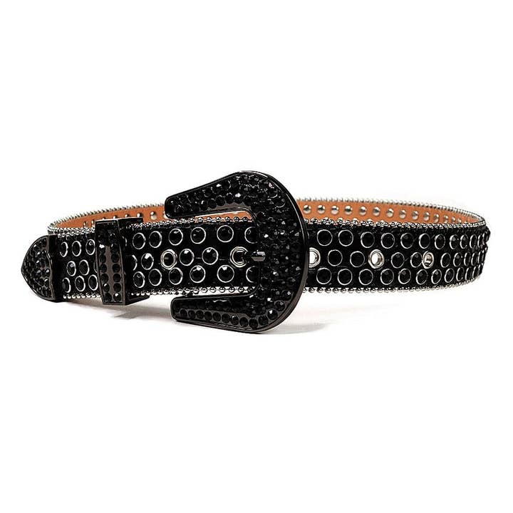 Rhinestone Belt Store - Wholesale Belt - Women's - Black Strap w Black Studded Rhinestone Belt w Black Buckle