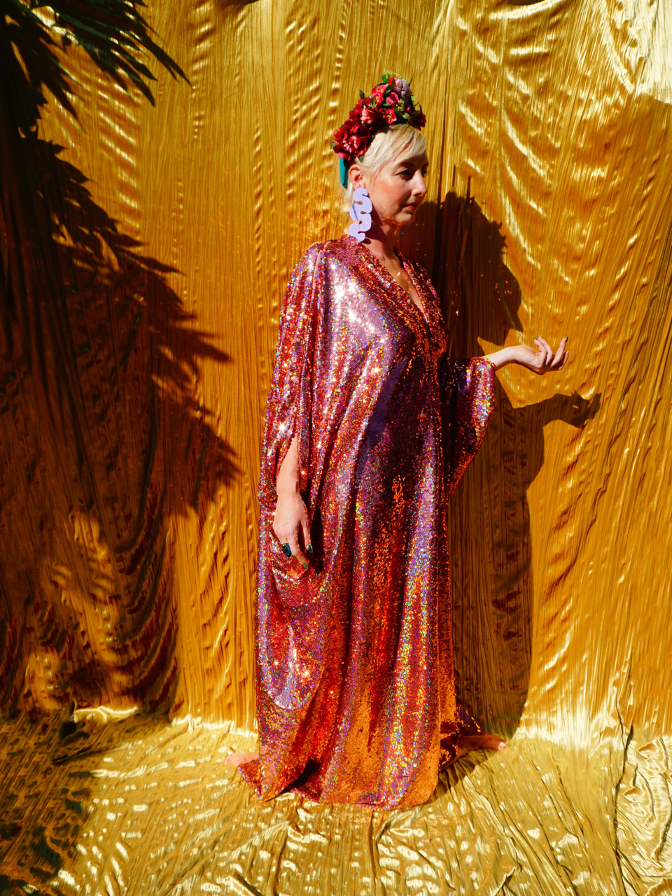 Fumbalinas – wholesale Kaftan – Women's – Rose Gold Holographic Sequin V-neck Kaftan Gown9