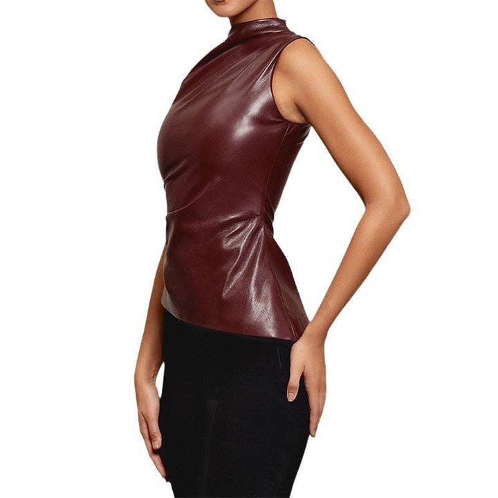 FurDecoration - Vendita all'ingrosso Camicetta - Donna - Top in pelle senza maniche con collo drappeggiato e vita stretta