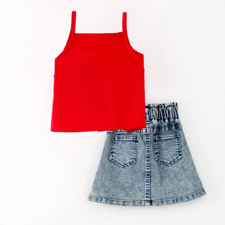 Auraquise - Wholesale Top & Short Set - Kids - Girls Summer Red Top Strawberry Embroidered Denim Short Set