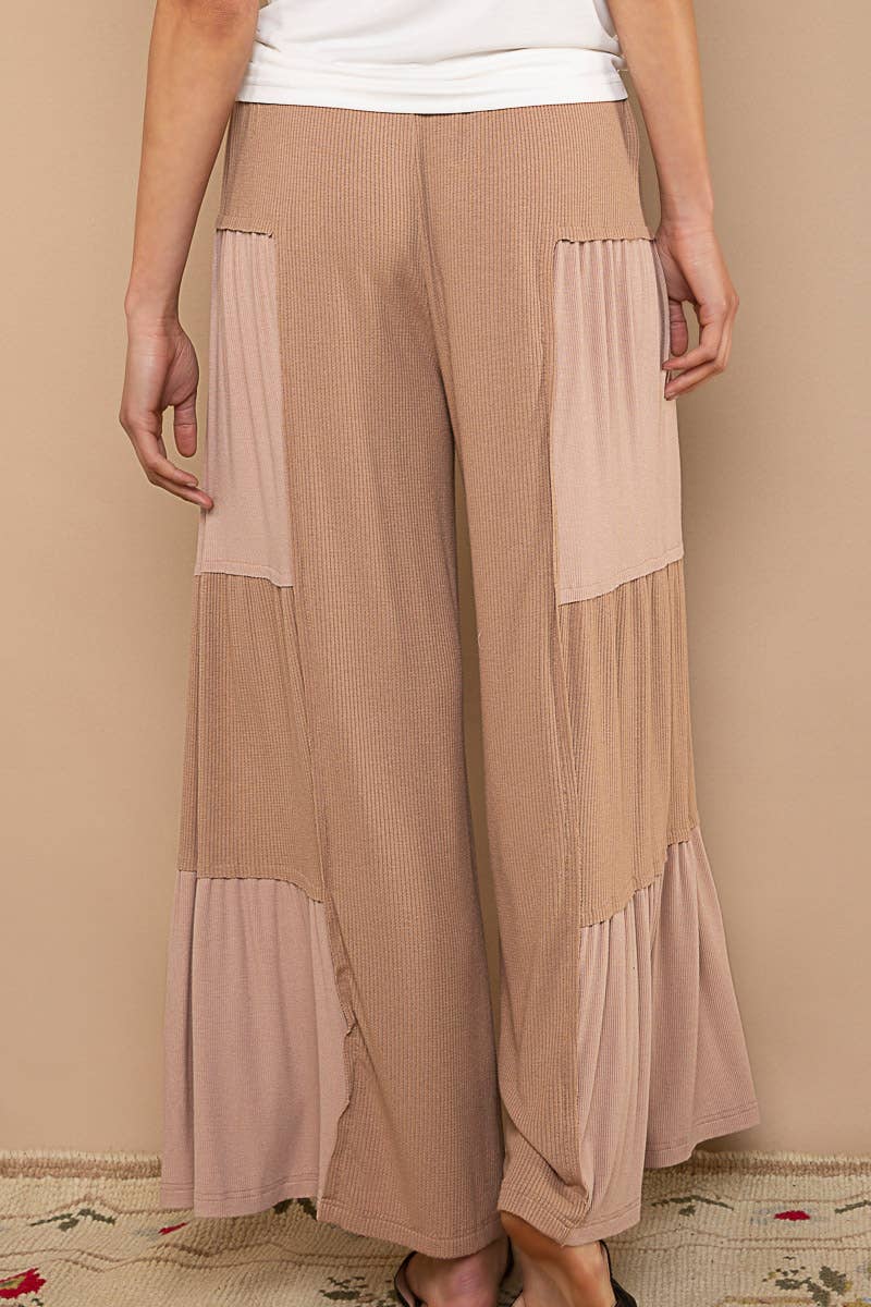 Pol Clothing - Wholesale Pants - Women's - Ribbed contrast fabric panels casual knit wide fit pants7