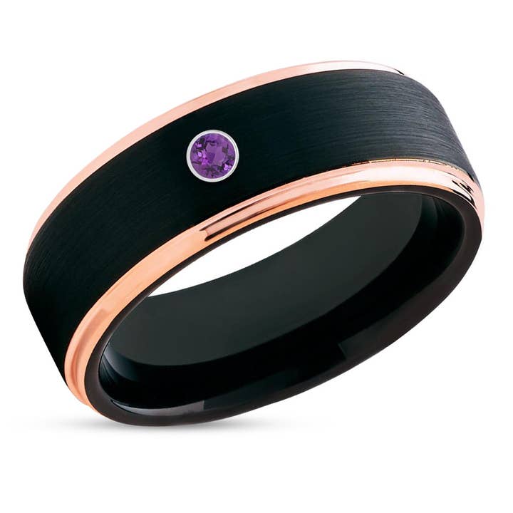 Ametyst Vielsesring - Sort Wolframring - Rose Gold Vielsesring - Herring - Damer for engroshandel hos Lucky Love Rings