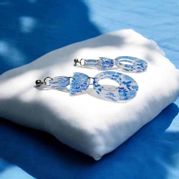 Fish Towne Designs, LLC - Wholesale Dangle Earrings - Santorini-Inspired Blue Floral Acrylic Statement Earrings8