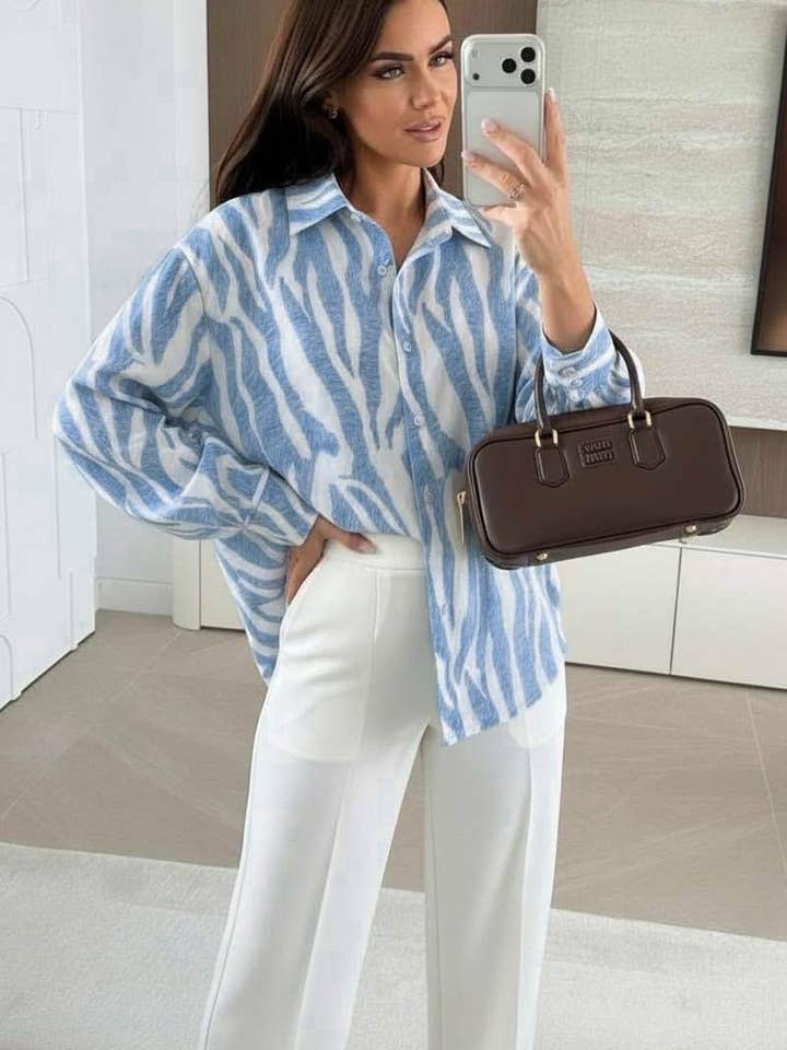 Elona Oversized Abstract Zebra Print Long Sleeve Shirt Top-Blue for wholesale by Catwalk Wholesale