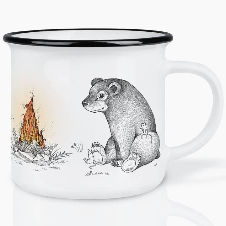 Ceramic mug – deer, bear, and fox at the campfire for wholesale by LIGARTI