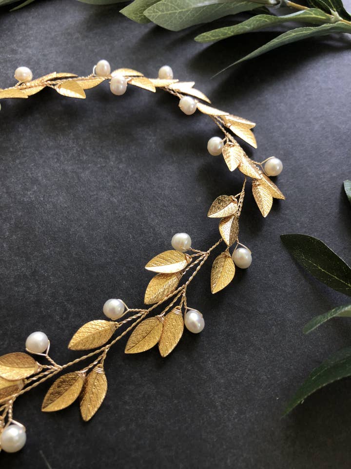 Gold & Ivory Pearl Bridal Hair Vine for Short Hair | Classic Pearl Bridal Headband, Braid Vine for wholesale by Sweet Olive Hairpieces