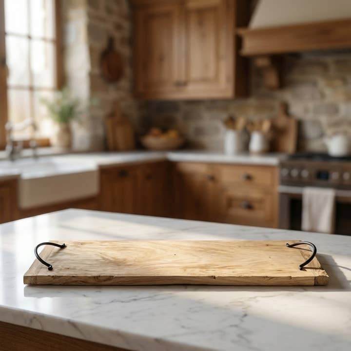 Premium serving board wood with metal handles, natural matte, L.60 cm for wholesale by Antikas