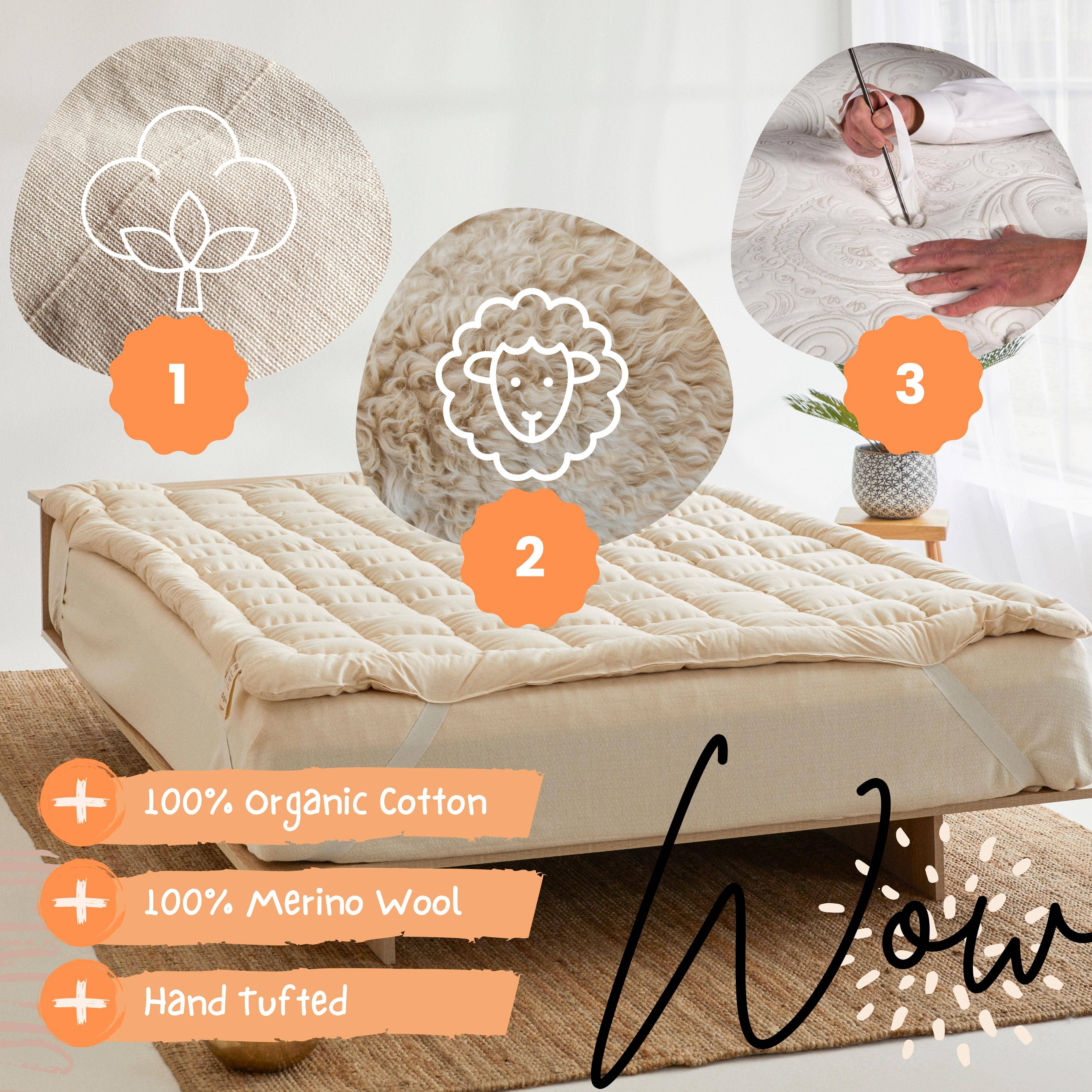 WowFuton - Venta al por mayor Cubrecolchones/protectores de colchones - Cubrecolchón de 5 cm (2") con topper de lana merino 100 % orgánica1
