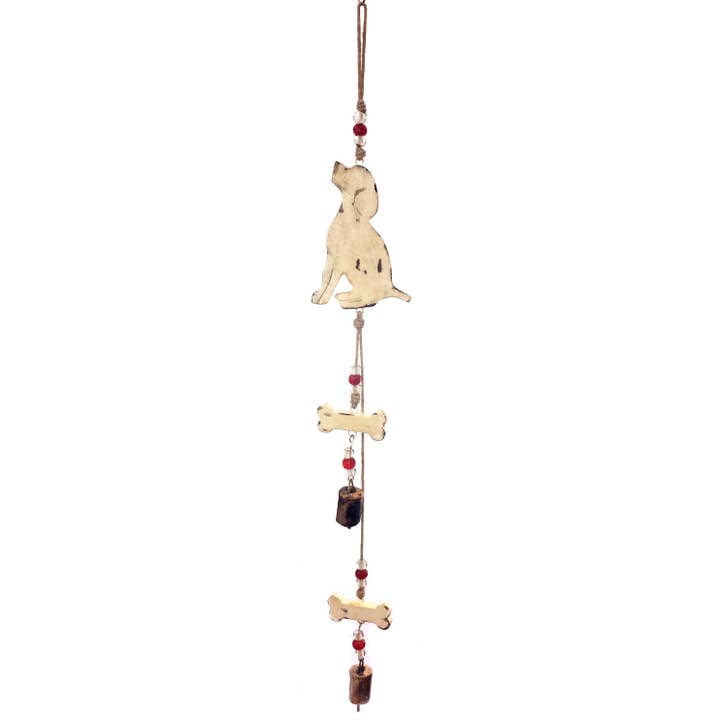 Mango Wood Bell Chimes - Dog Vintage White 32" for wholesale by Jafsons International