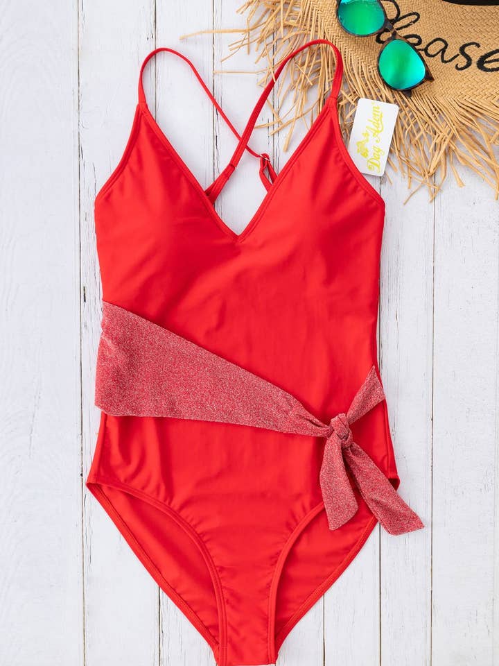 Lurex-Einteiler Badeanzug mit Dreieck - D579A Rot für den Großhandel von Dag Adom