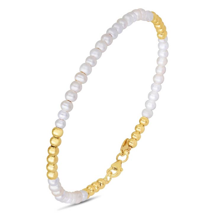 Bracciale con Perle d'Acqua Dolce e Palline in Oro Giallo 14k ad Alta Lucentezza (2,00 mm) per la vendita all'ingrosso da parte di RubyAnn Jewelry
