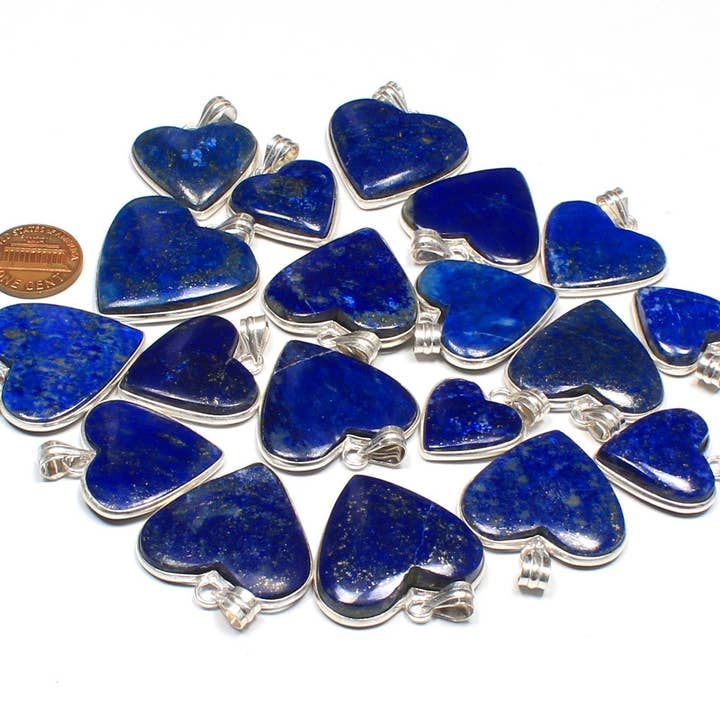 Handmade Jewels - Wholesale Individual charm/pendant - Lapis Lazuli Heart Pendants - Silver Plated, Mixed Sizes, Simple Works2
