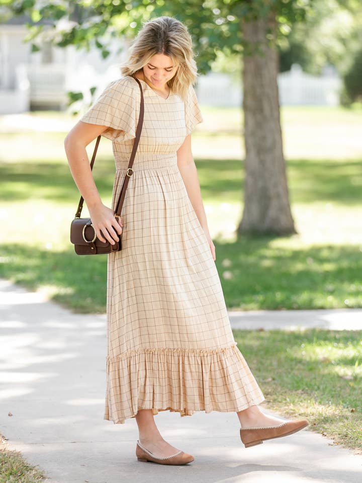 Inherit Clothing Company - Wholesale Dress - Women's - Isabella Taupe Plaid Maxi Dress