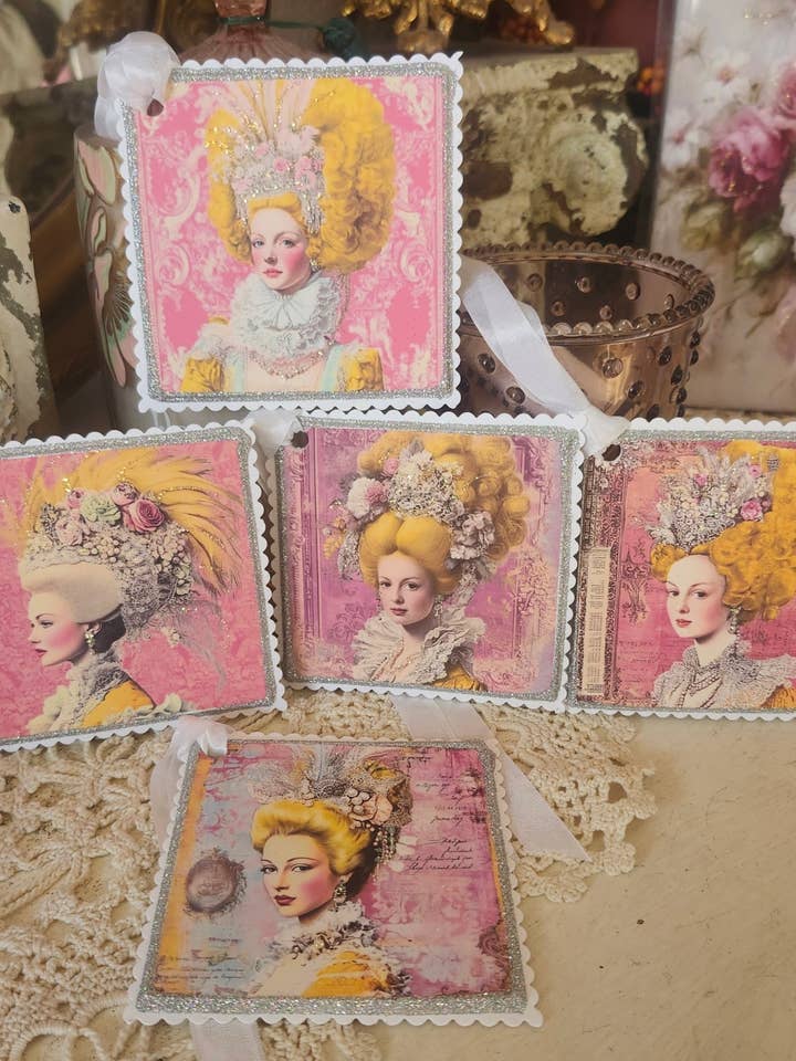 Set di 5 etichette regalo Marie rosa e giallo per la vendita all'ingrosso da parte di Little Heart Designs