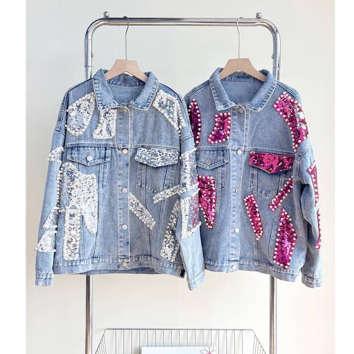 X0410LT Sequin Patchwork Denim Jacket for wholesale by XHHH Inc