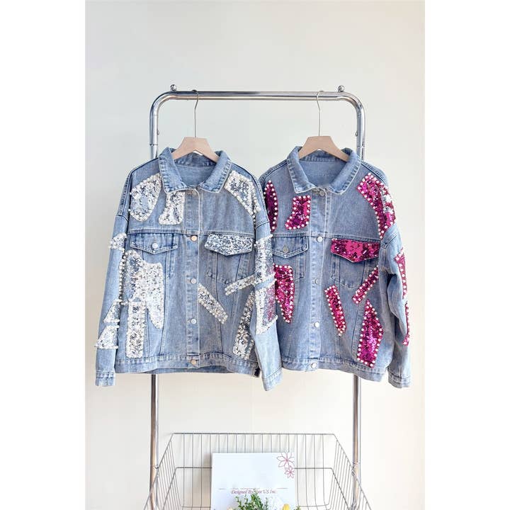 X0410LT Sequin Patchwork Denim Jacket for wholesale by XHHH Inc
