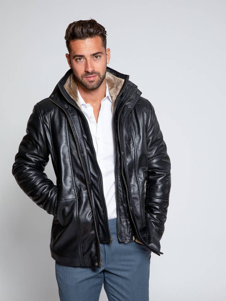 Black Men's Tiberius Premium Lambskin Leather Coat with Fur for wholesale on Faire