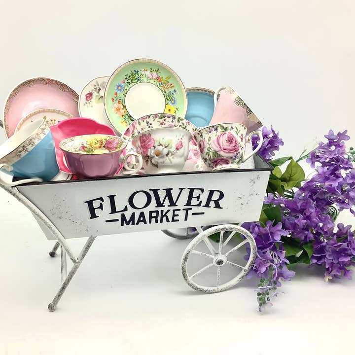 All Little Cute Things - Wholesale Retailer Display - Home & Living - Teacup Display Tabletop Flower Market Cart showcase teacups1